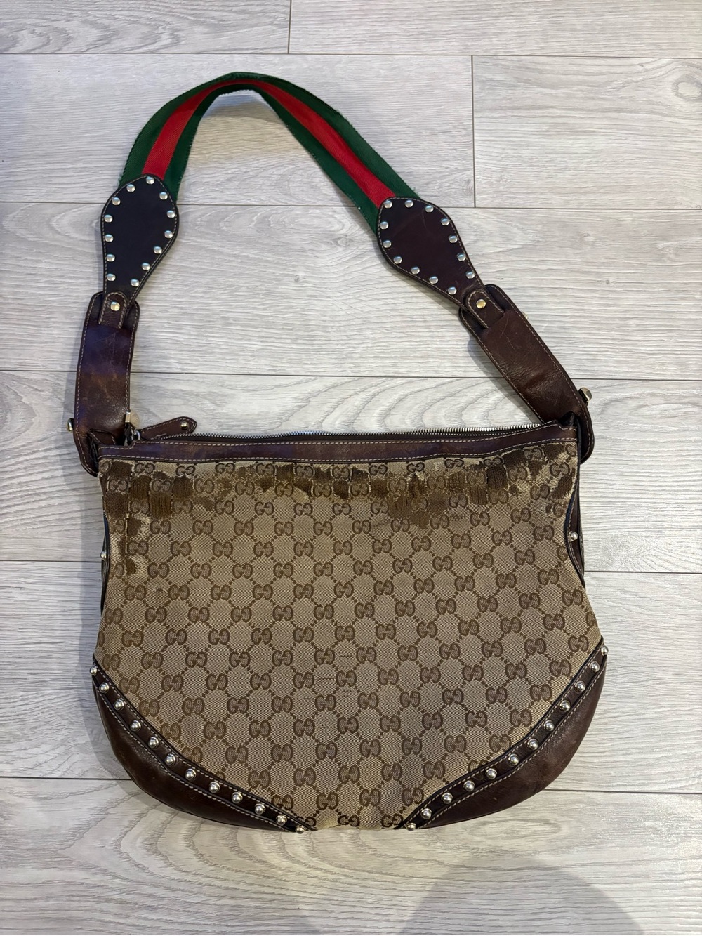 Gucci Brown GG Canvas Shoulder Bag with Green-Red Strap